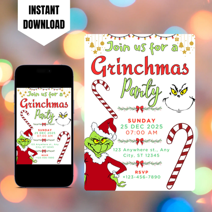 Grinchmas Christmas Party Invitation Template | Grinch Invite CreativeRino
