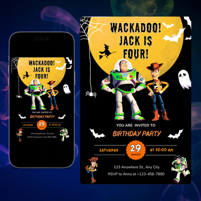 Toy Story Halloween Birthday Party Invitation Template | Woody & Buzz Lightyear Invite CreativeRino