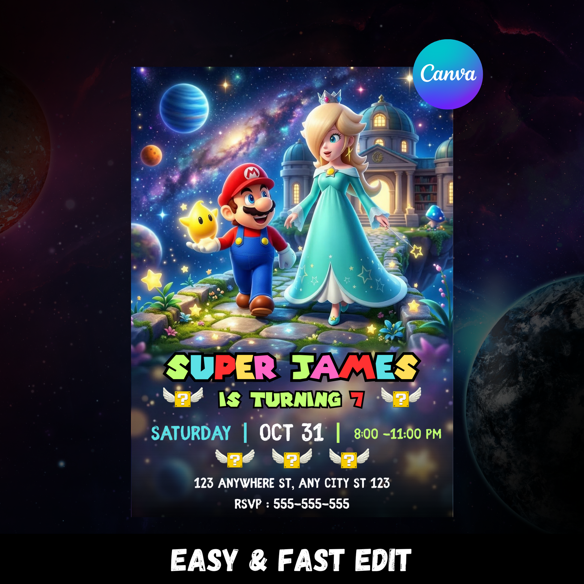 Mario and Princess Rosalina Birthday Invitation, Super Mario Galaxy Birthday Invitation, Editable Outer Space Party Invite Canva Template CreativeRino