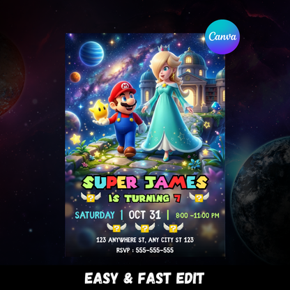 Mario and Princess Rosalina Birthday Invitation, Super Mario Galaxy Birthday Invitation, Editable Outer Space Party Invite Canva Template CreativeRino