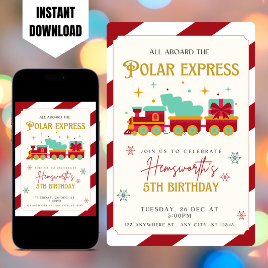 Christmas Polar Express Train Birthday Invitation Template