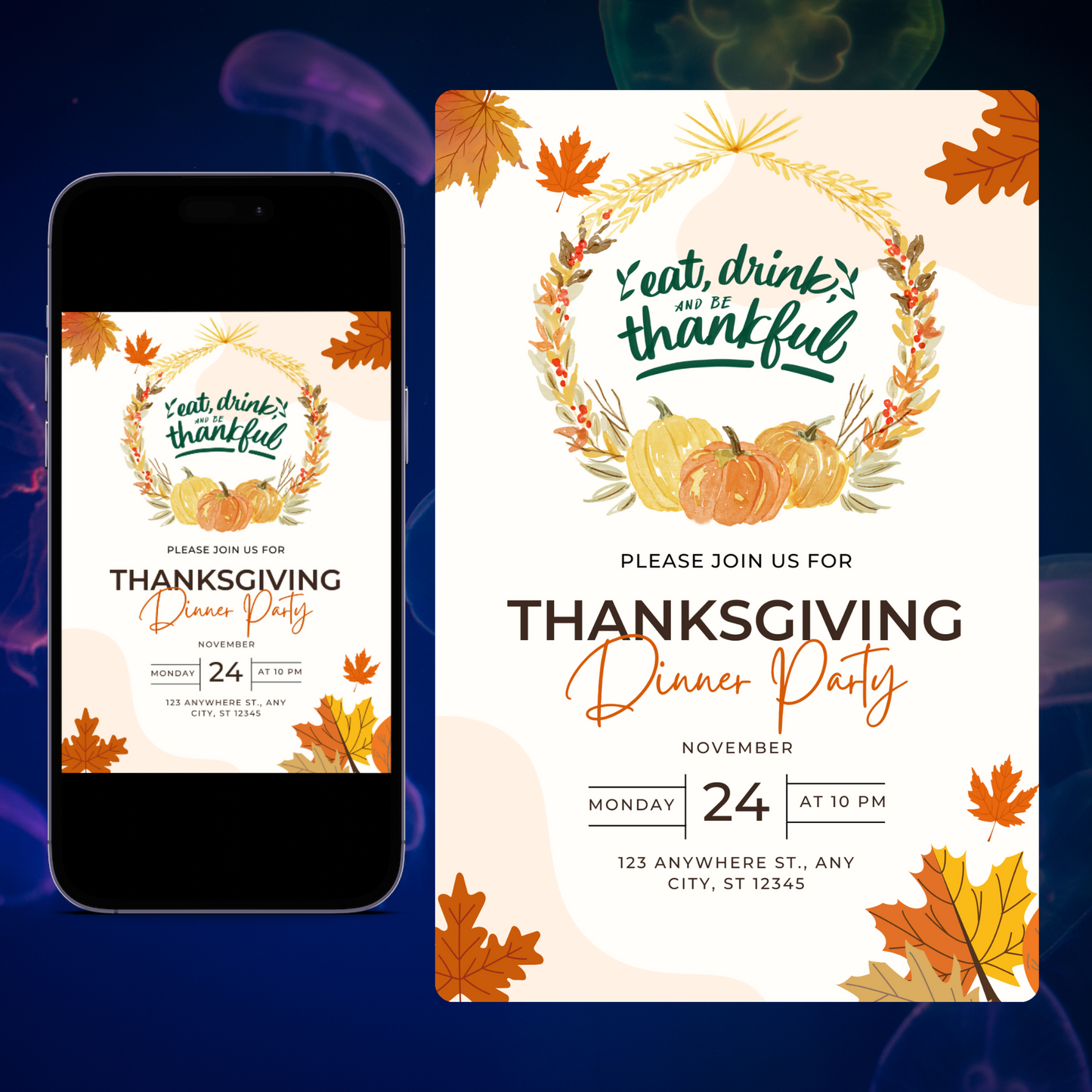 Eat drink and be thankful Thanksgiving Dinner Party Invitation Template