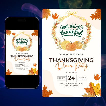 Eat drink and be thankful Thanksgiving Dinner Party Invitation Template CreativeRino