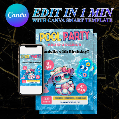 Kawaii Kitty Pool Birthday Party Invitation Template - CreativeRino