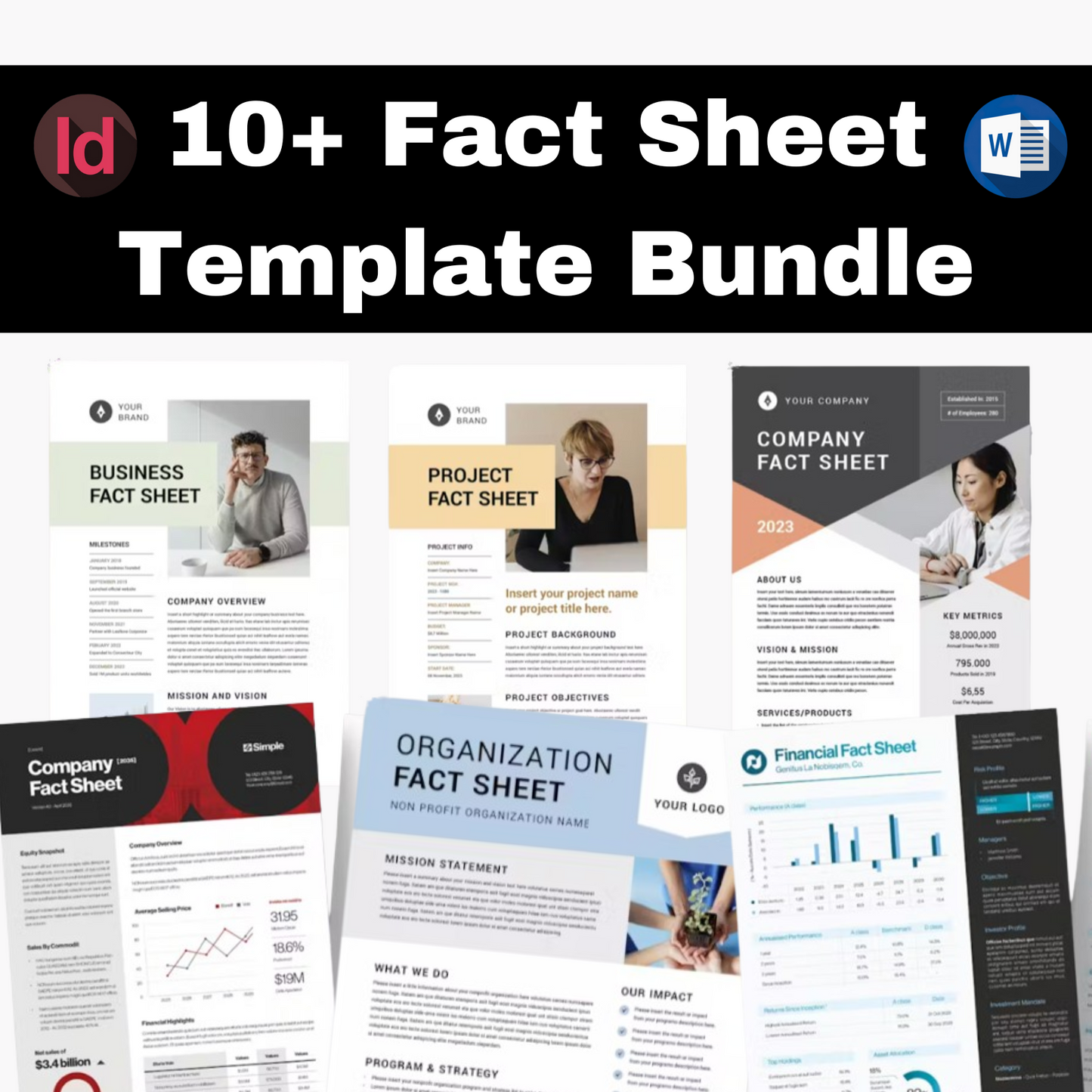 10+ Fact Sheet Template Bundle | MS Word & Indesign | Nonprofit Organization, Company, Business, Project, Financial Fact Sheet Templates