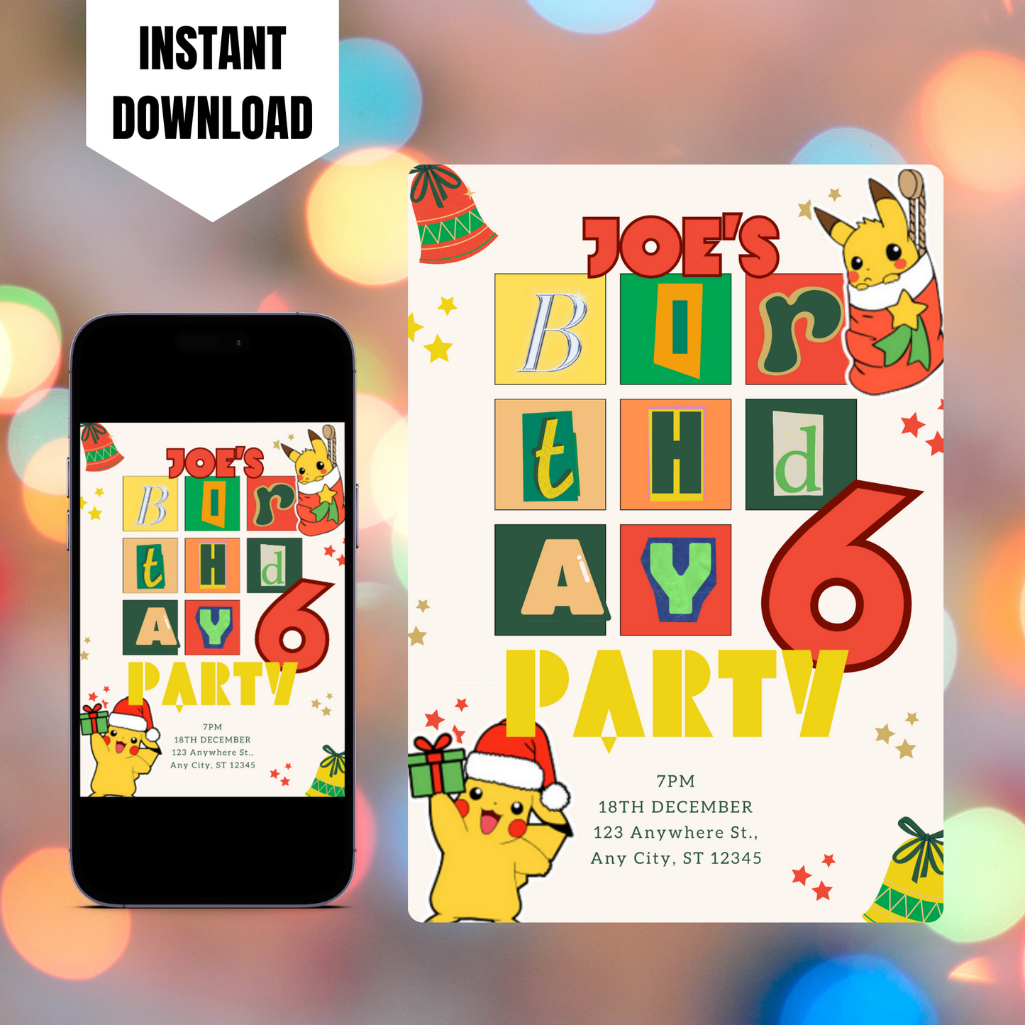 Pikachu Pokemon Christmas Birthday Invitation Template