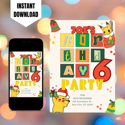 Pikachu Pokemon Christmas Birthday Invitation Template CreativeRino
