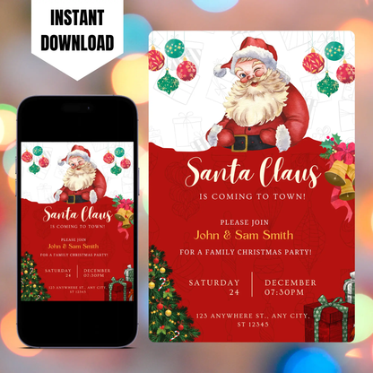 Santa Claus is Coming to Town Invitation Template | Santa Christmas Invite CreativeRino
