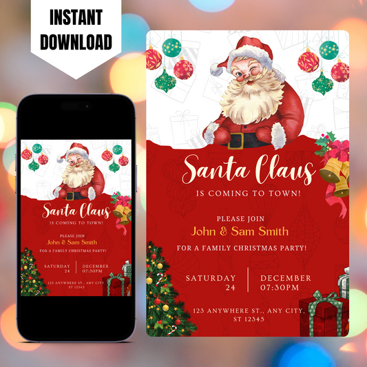 Santa Claus is Coming to Town Invitation Template | Santa Christmas Invite