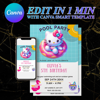 Kawaii Kitty Pool Birthday Party Invitation Template - CreativeRino