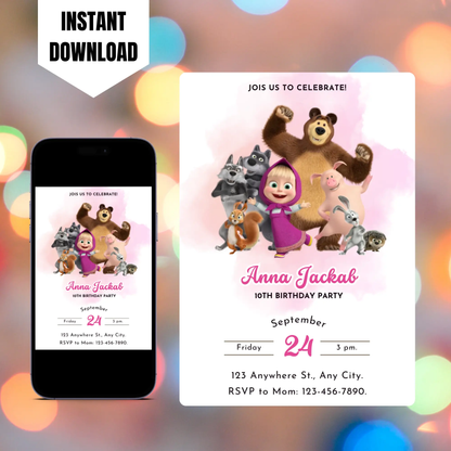 Masha And The Bear Birthday Invitation Template CreativeRino
