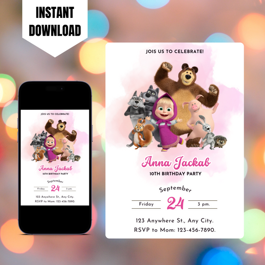 Masha And The Bear Birthday Invitation Template