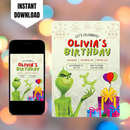 Grinch Birthday Invitation Template CreativeRino