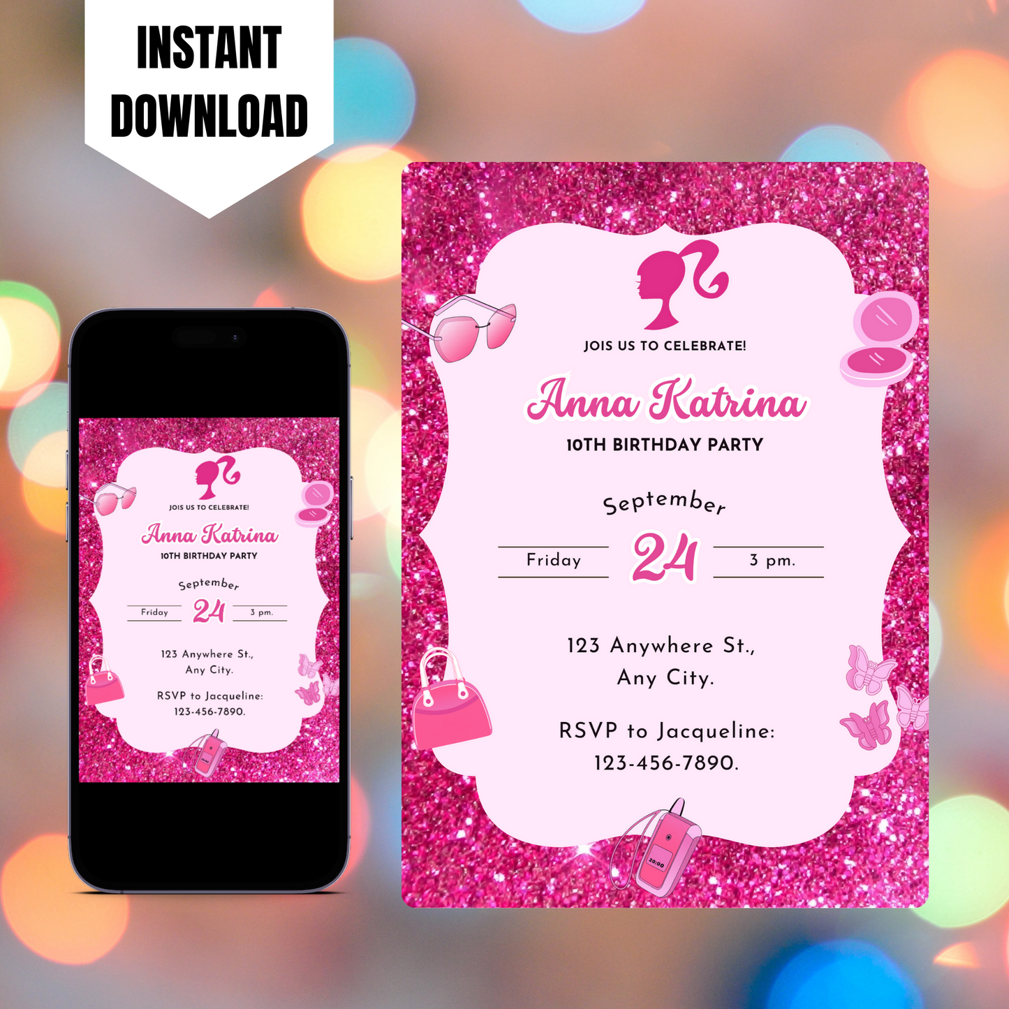 Pink Doll Birthday Invitation Template