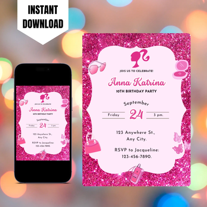 Pink Doll Birthday Invitation Template CreativeRino