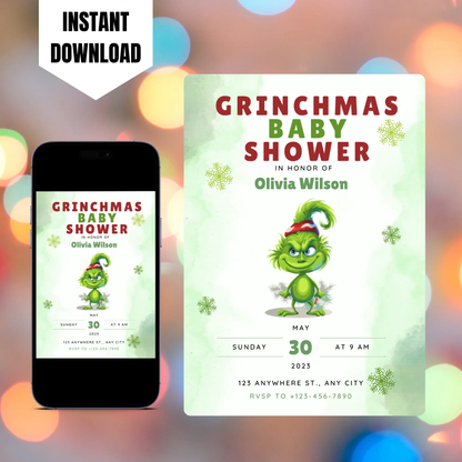 Grinchmas Baby Shower Invite Template | Grinch Whoville Baby Shower Invitation CreativeRino
