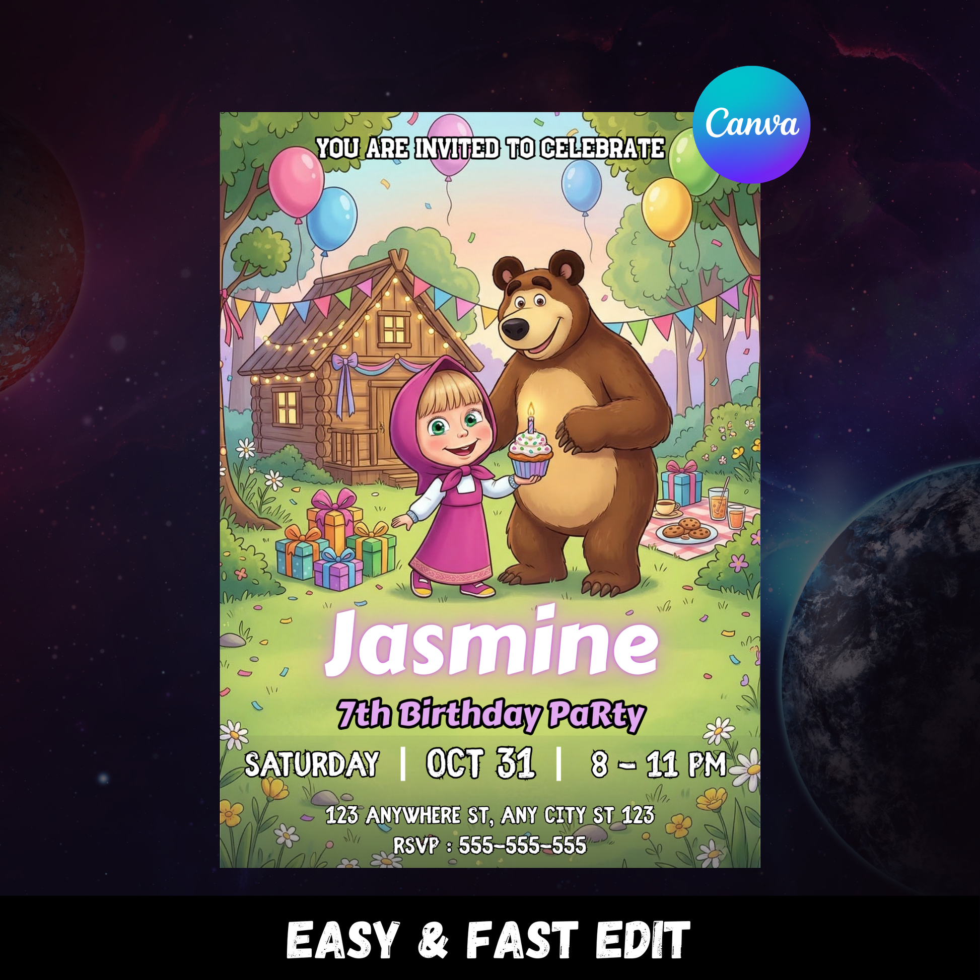 Masha and the Bear Birthday Invitation Template | Editable Kids Party Invite CreativeRino
