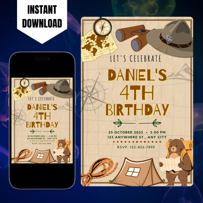 Explorer Adventure Birthday Invitation Template | Treasure Hunt Invite CreativeRino