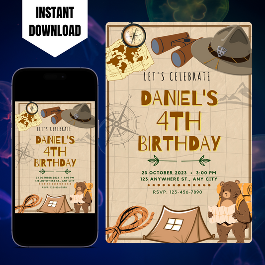 Explorer Adventure Birthday Invitation Template | Treasure Hunt Invite