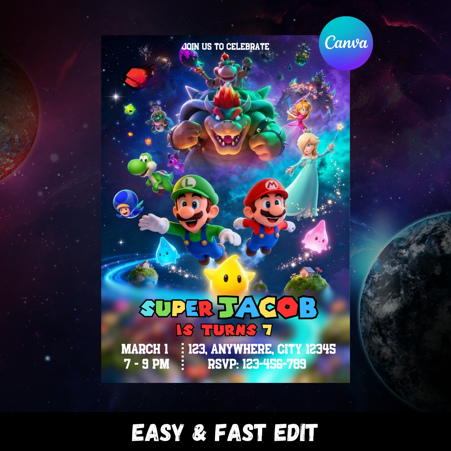 Super Mario Galaxy Birthday Invitation Template | Mario Space Party Invite | Editable Digital DownloadSuper Mario Galaxy Birthday Invitation | Mario Space Theme Party Invite | Editable Mario Birthday Invite | Printable Kids Video Game Party Invitation CreativeRino