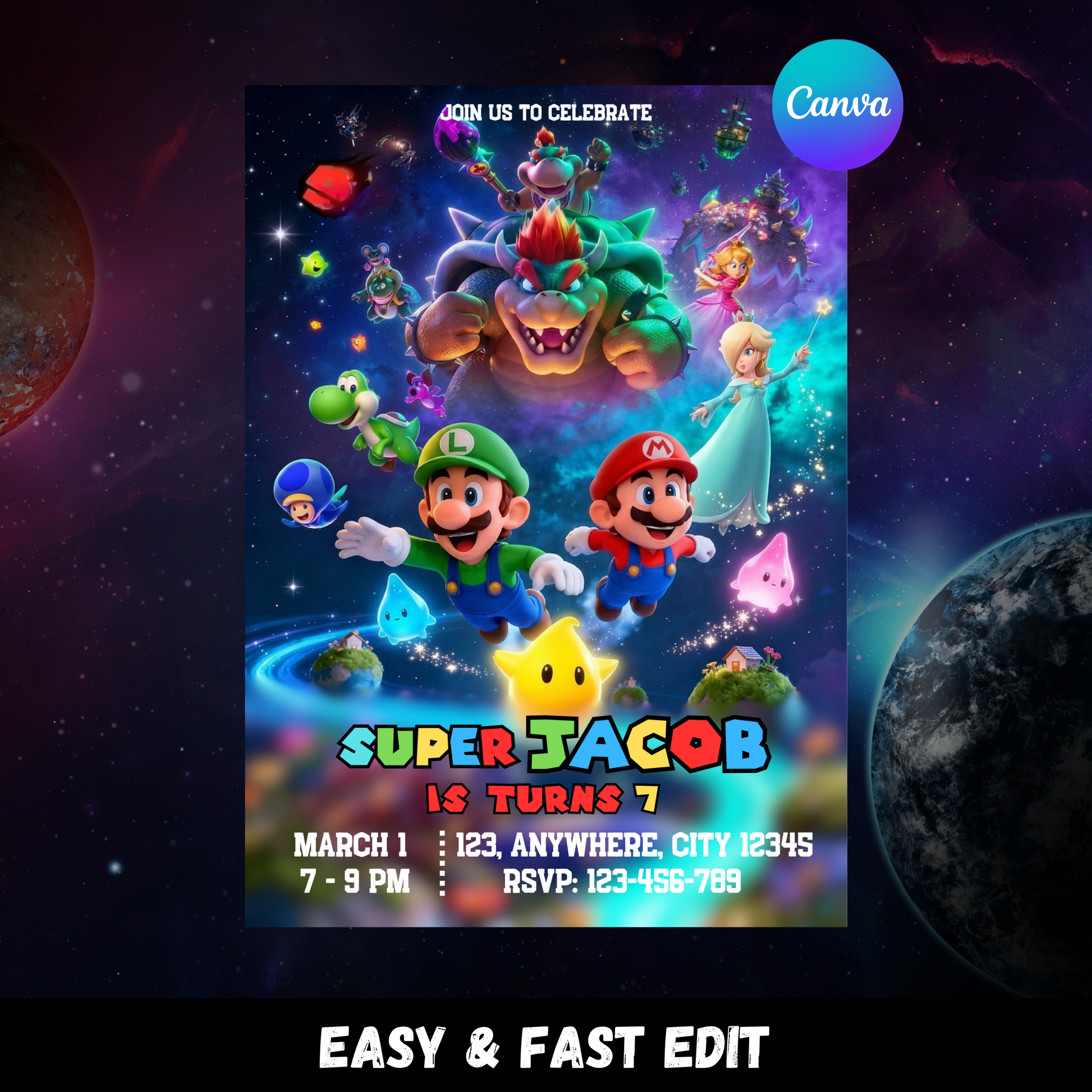 Super Mario Galaxy Birthday Invitation Template | Mario Space Party Invite | Editable Digital DownloadSuper Mario Galaxy Birthday Invitation | Mario Space Theme Party Invite | Editable Mario Birthday Invite | Printable Kids Video Game Party Invitation CreativeRino