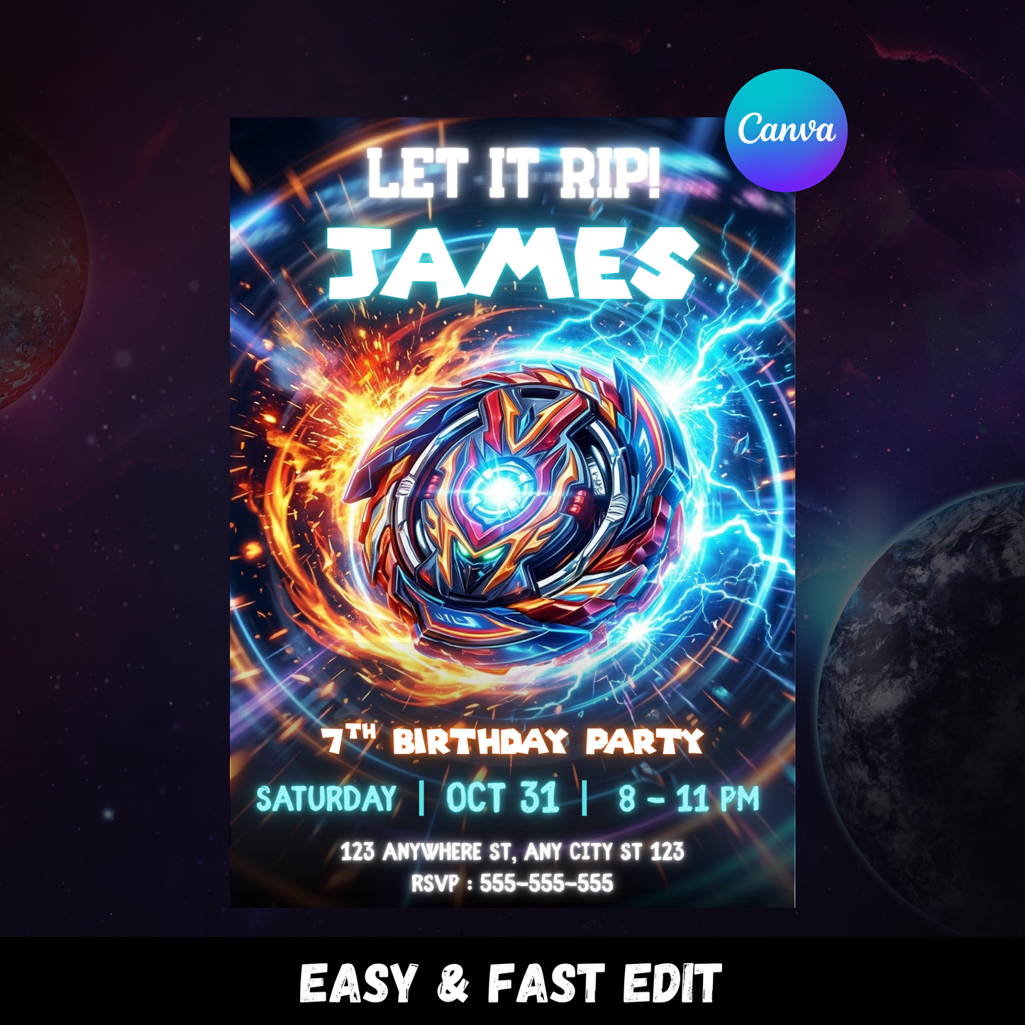 Beyblade X Birthday Invitation | Editable Beyblade Party Invite | Digital Beyblade Invitation Canva Template CreativeRino