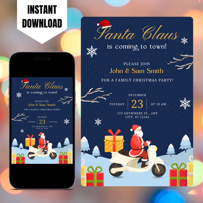 Santa Claus is Coming to Town Invitation Template | Santa Christmas Invite CreativeRino