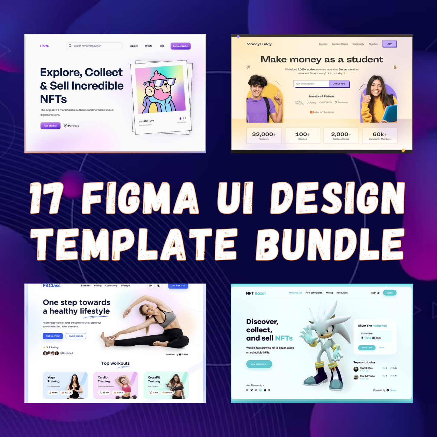 17 Figma UI Design Template Bundle | NFT Mental Health Online Classes Cleaner Mechanics Garden Store Figma Website Template