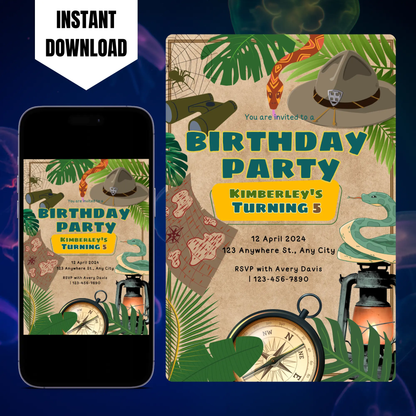Explorer Adventure Birthday Invitation Template | Treasure Hunt Invite CreativeRino