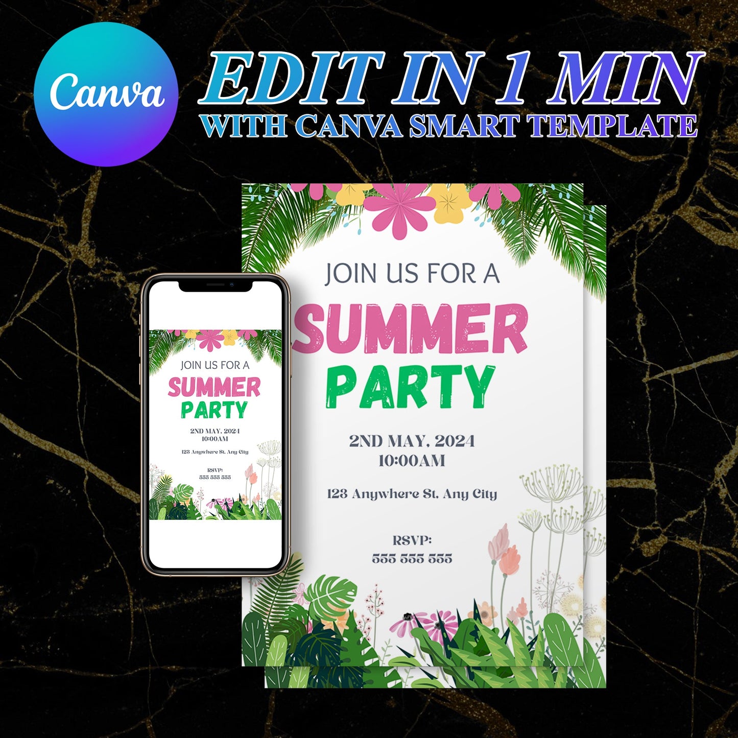 Summer Party Invitation Canva Template | Summer Party Theme Invite CreativeRino