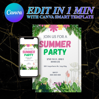 Summer Party Invitation Canva Template | Summer Party Theme Invite CreativeRino