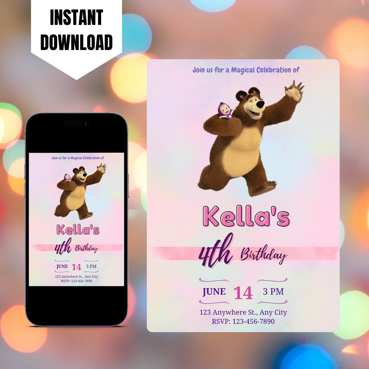 Masha And The Bear Birthday Invitation Template