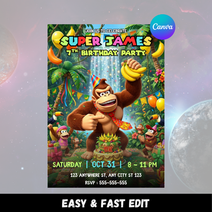 Donkey Kong Party Invitation Canva Editable | Kids Jungle Birthday Invite CreativeRino