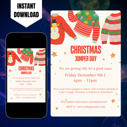 Christmas Jumper Day Invitation Template | Ugly Sweater Christmas Party Invite CreativeRino