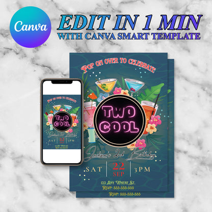 Two Cool Party Invitation | Two Cool Birthday Invite Canva Template CreativeRino