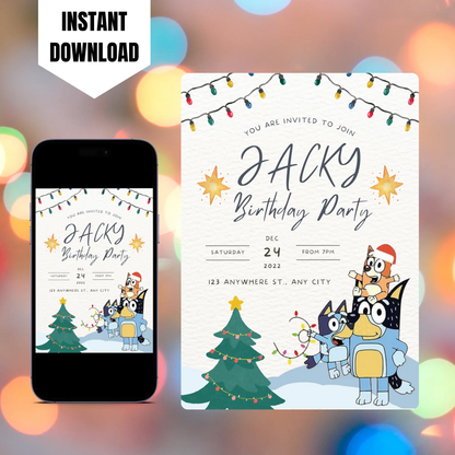 Bluey and Bingo Christmas Birthday Invitation Template CreativeRino