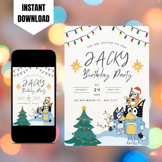 Bluey and Bingo Christmas Birthday Invitation Template