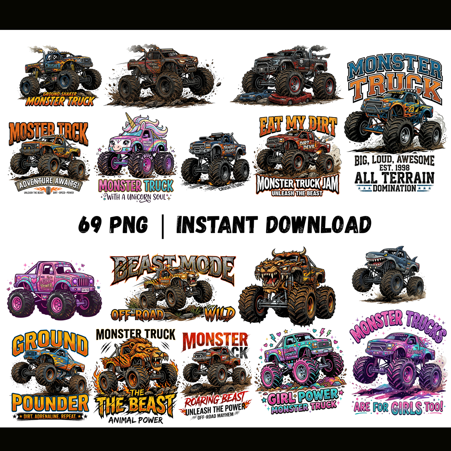 Monster Truck PNG Bundle | Kids Truck Clipart | Monster Jam Style Graphics CreativeRino