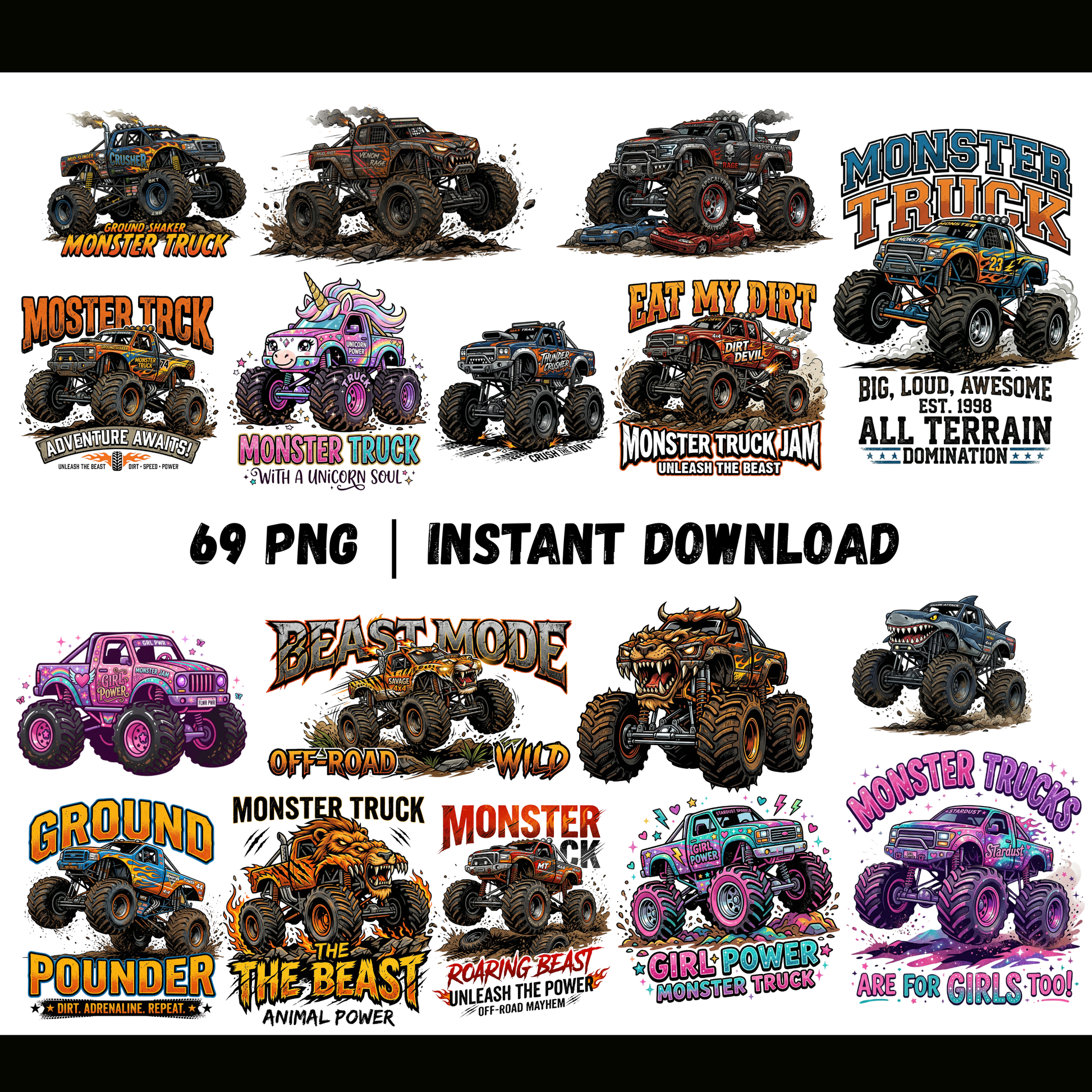 Monster Truck PNG Bundle | Kids Truck Clipart | Monster Jam Style Graphics CreativeRino