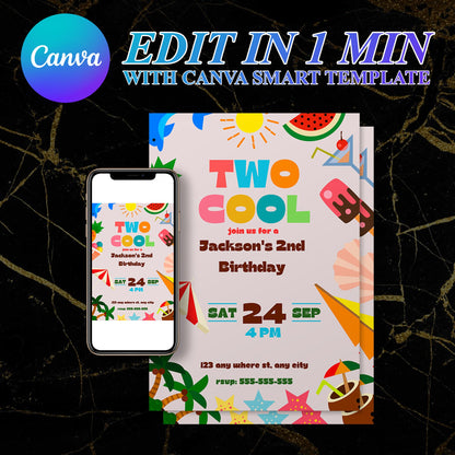 Two Cool Birthday Party Invitation | Two Cool Summer Invite Canva Template CreativeRino