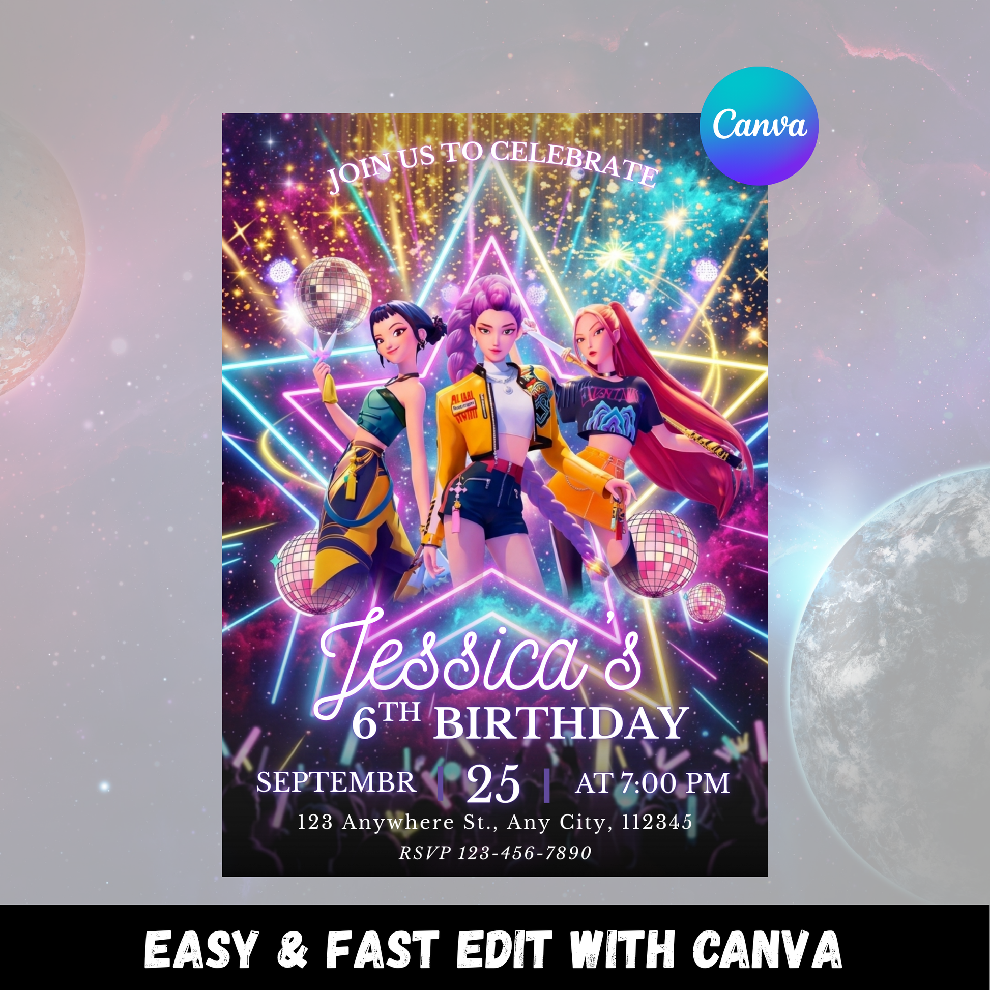 Demon Hunters Kpop Birthday Invite – Easy Editable Invitation Card CreativeRino