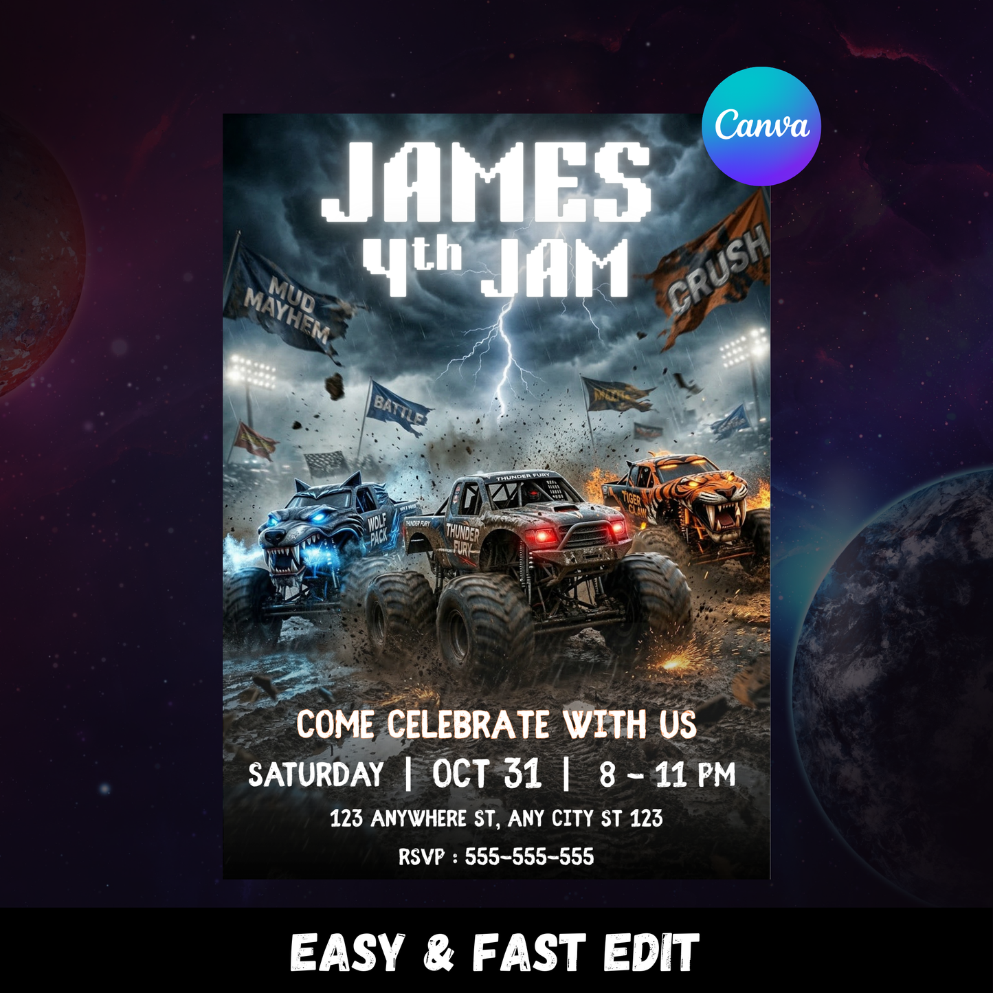 Monster Truck Birthday Invitation | Editable Monster Truck Jam Party Invite CreativeRino