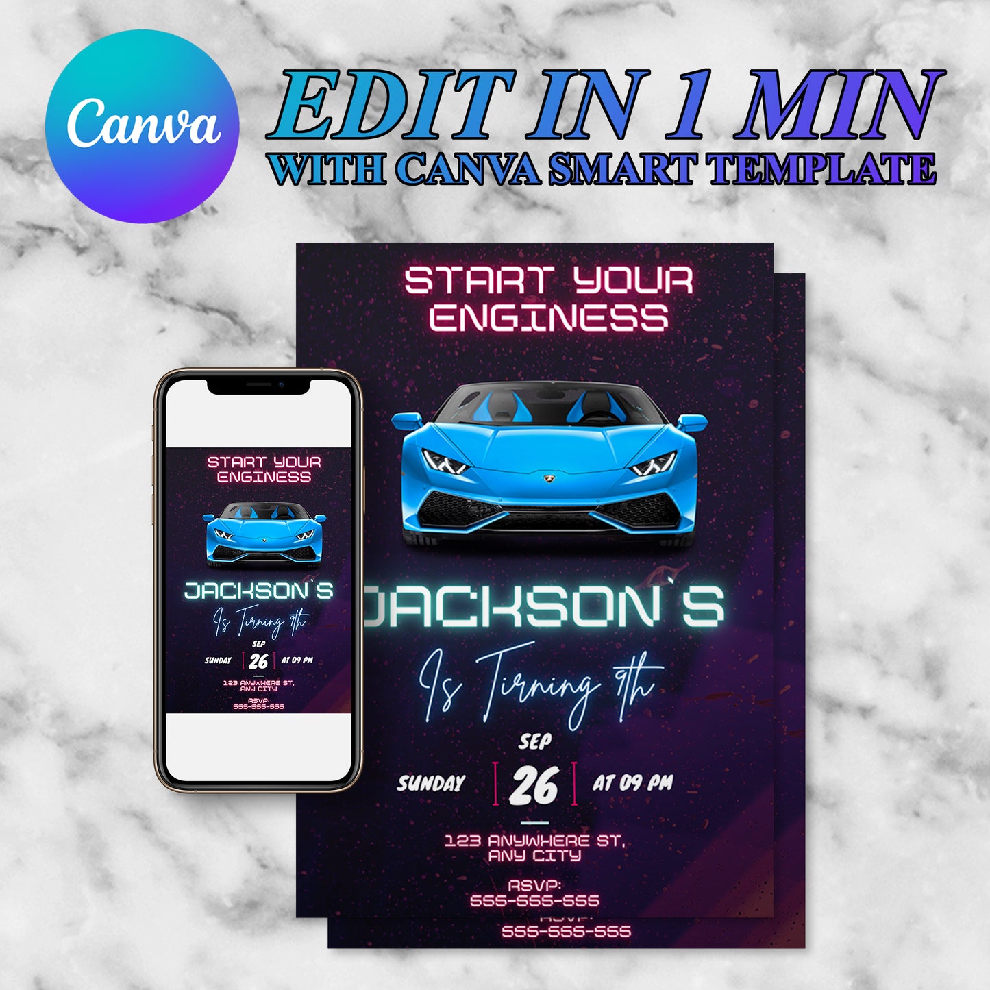 Lamborghini Sport Race Car Birthday Invitation Template - CreativeRino
