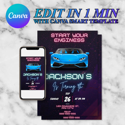 Lamborghini Sport Race Car Birthday Invitation Template - CreativeRino