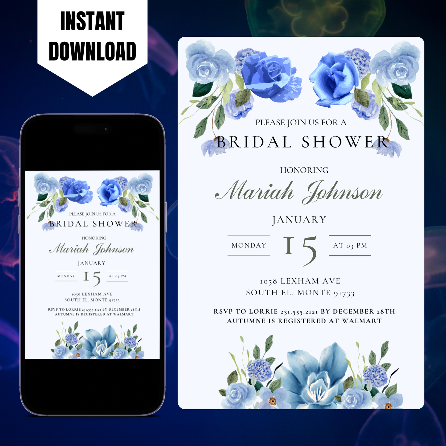 Blue Floral Bridal Shower Invitation Template