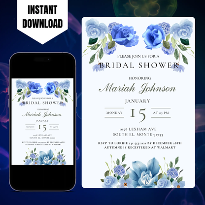 Blue Floral Bridal Shower Invitation Template CreativeRino