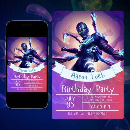 Blue Beetle Birthday Invitation Template CreativeRino