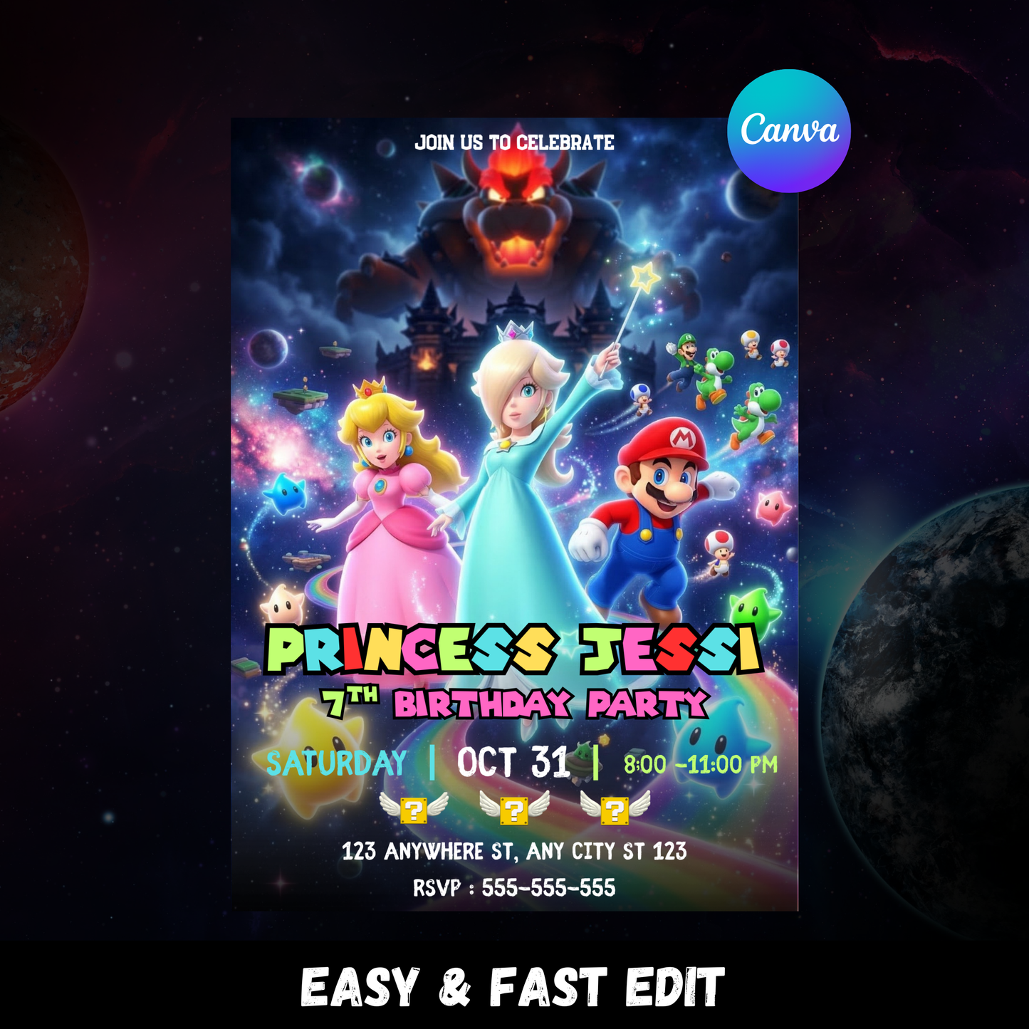 Editable Princess Rosalina Peach Mario Galaxy Birthday Invitation, Canva Template CreativeRino