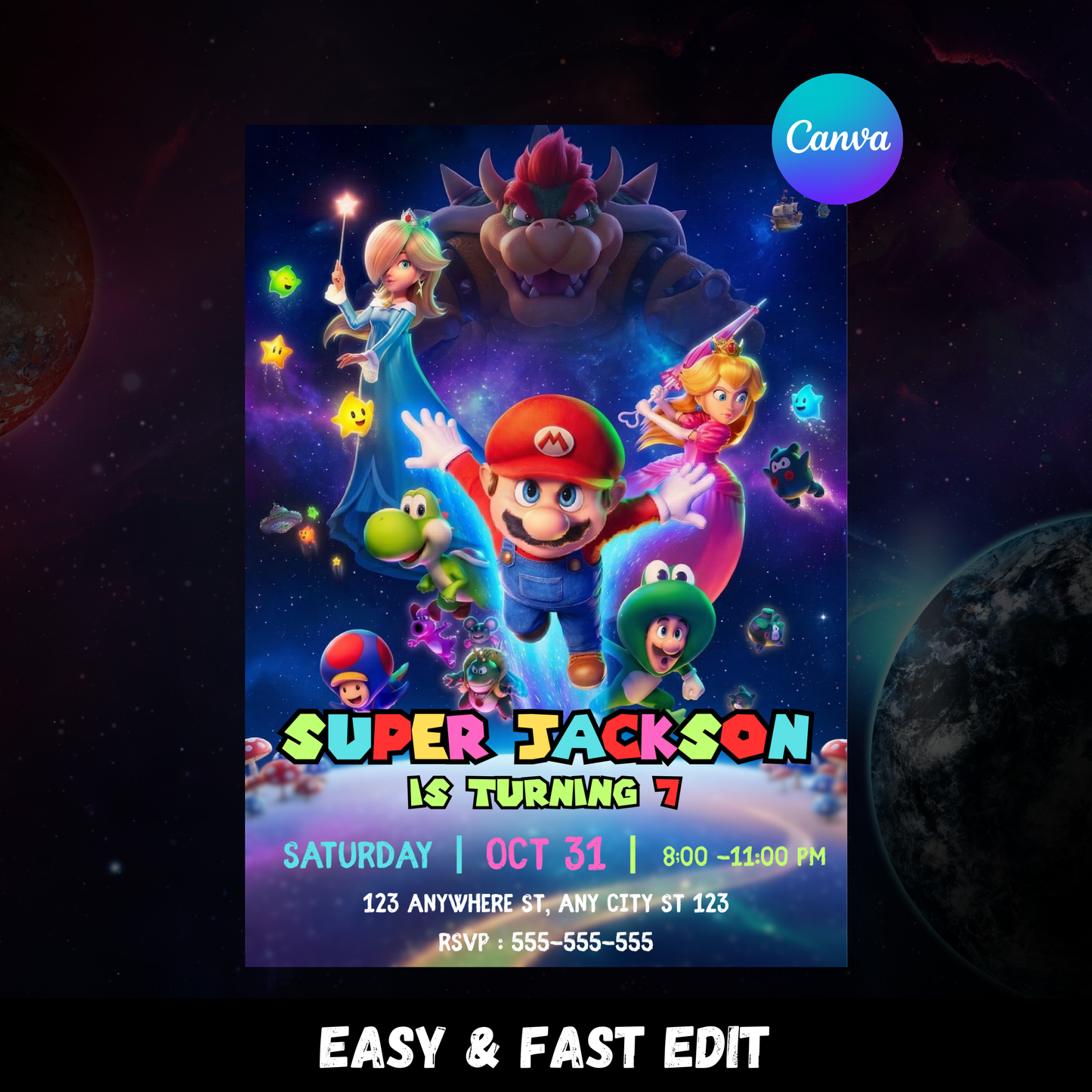 Super Mario Galaxy Birthday Invitation | Mario Space Theme Party Invite CreativeRino