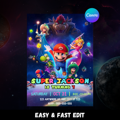 Super Mario Galaxy Birthday Invitation | Mario Space Theme Party Invite CreativeRino